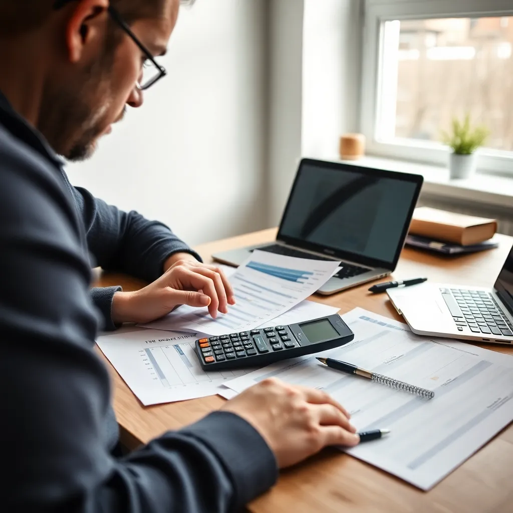 Persoon die belastingadministratie organiseert in een thuiskantoor