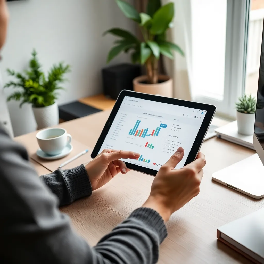 Persoon die financiële apps bekijkt op smartphone en tablet