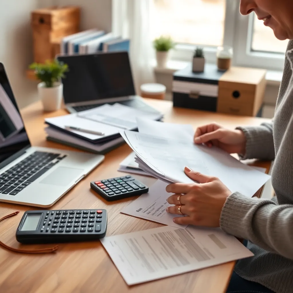 Persoon die financiële documenten analyseert met een laptop en calculator
