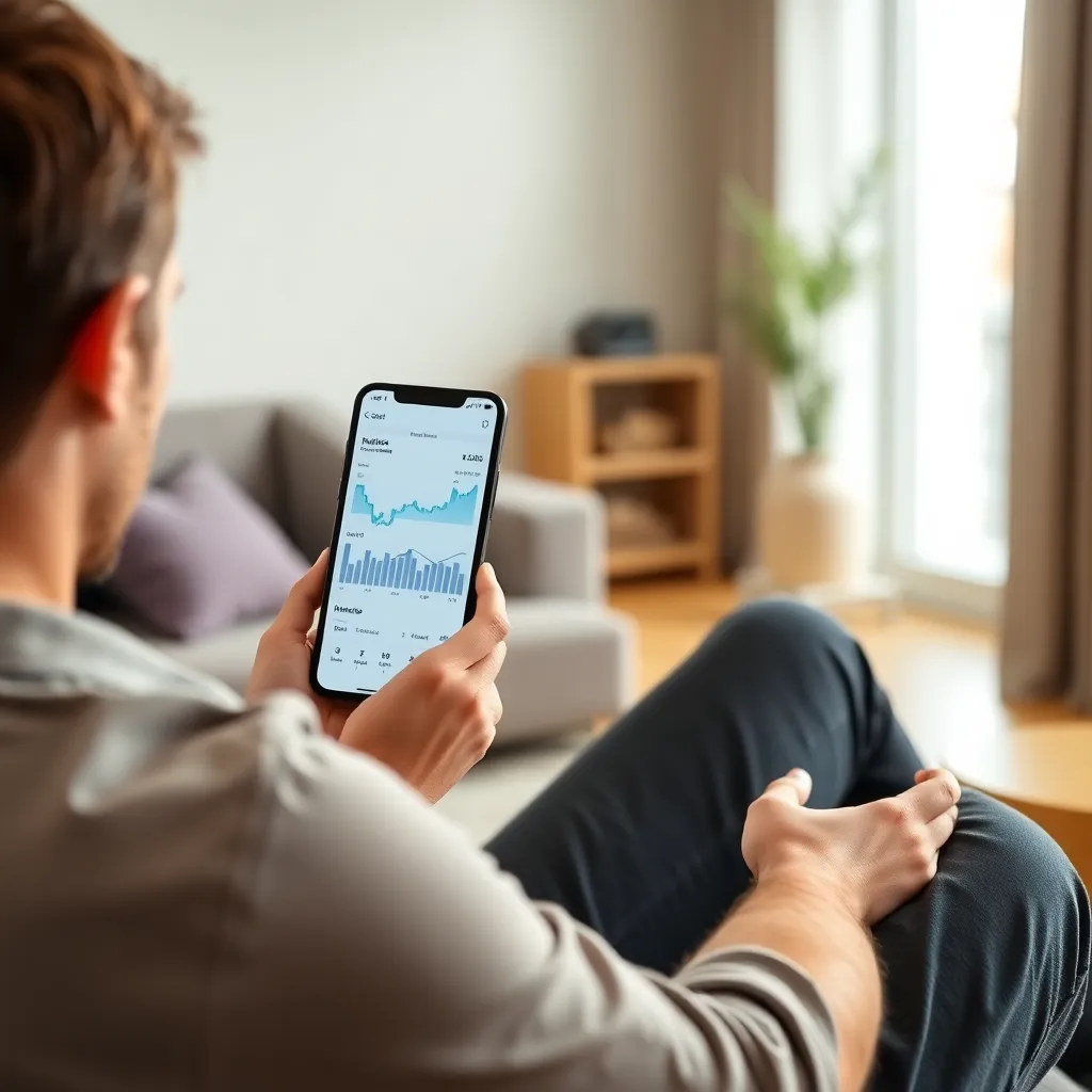 Persoon die financiële apps gebruikt op smartphone