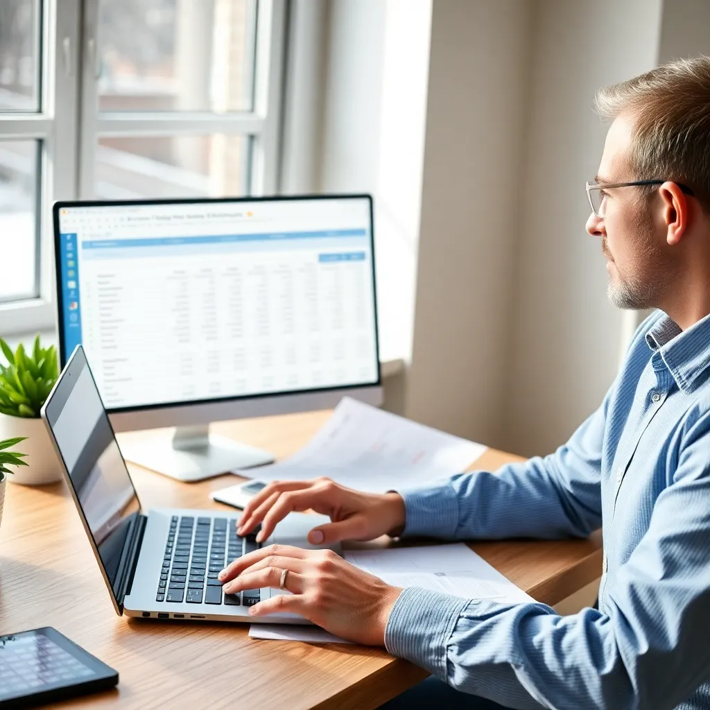 Persoon die financiële documenten analyseert met een laptop en calculator