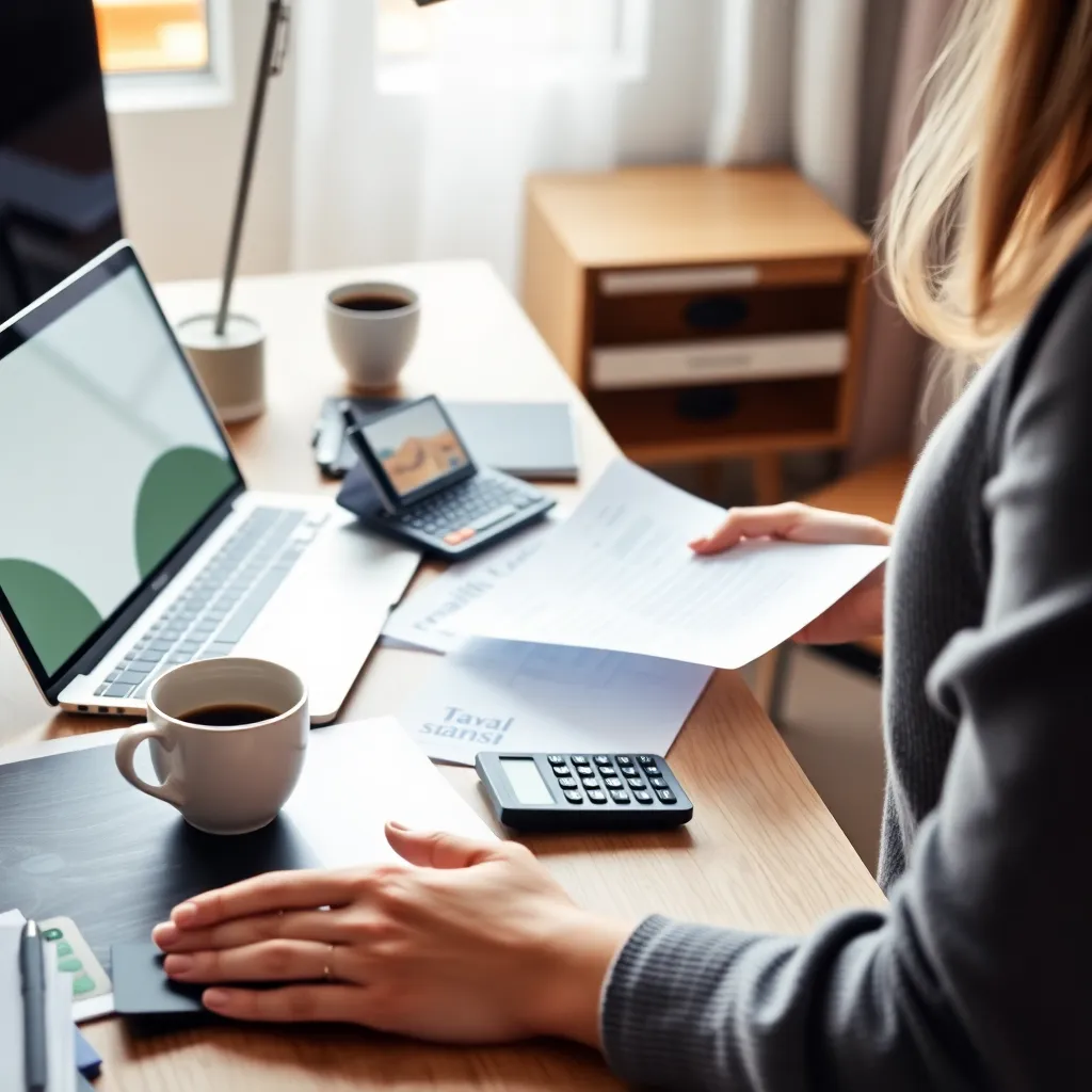 Persoon die belastingdocumenten bekijkt met rekenmachine