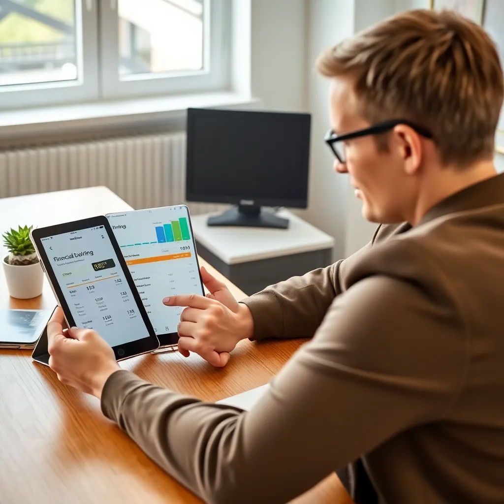 Persoon die verschillende financiële apps vergelijkt op tablet en smartphone