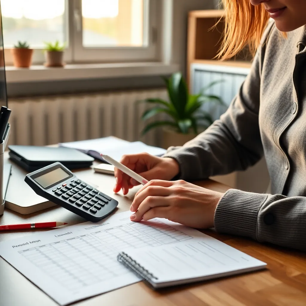 Persoon die budgetplanning doet met papieren en calculator op tafel
